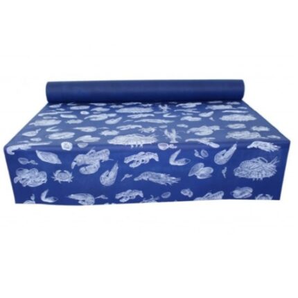 ROLLO MANTEL NOWOTEX 1'20X50 AZUL PRECORTADO DECORADO MARISCO BLANCO