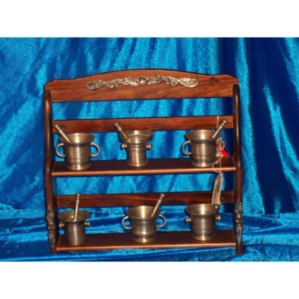 ESTANTE DE MADERA CON ESTAÑO GRABADO+ JUEGO 6 ALMIRELES MINIATURA ESTAÑO