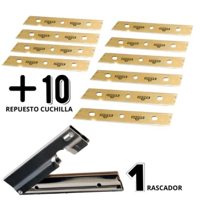 RASCADOR CRISTALES NAVAJA ACERO INOX+ 10 CUCHILLAS UNGER