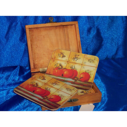 CAJITA MADERA CON 6 POSAVASOS DECORADO FRUTA