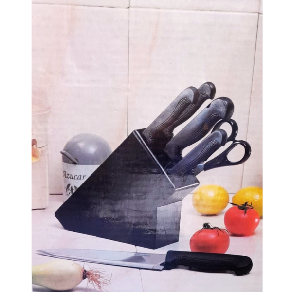 JUEGO COCINA CUCHILLOS 5 PIEZAS INOX CON SOPORTE NEGRO QUTTIN