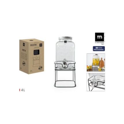 DISPENSADOR BEBIDA CRISTAL 4L CON GRIFO Y SOPORTE METAL RUSTIK "LA MEDITERRÁNEA"