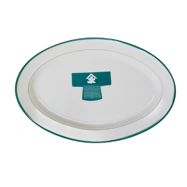 FUENTE OVAL PORCELANA 43X29 FILO VERDE- DORADO CON DIBUJO